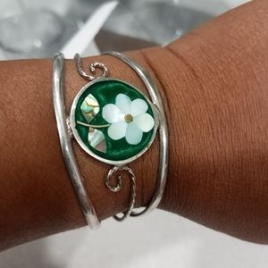 Vintage Alpaca Mexico Silver Abalone Shell Flower Green Cuff Brace…